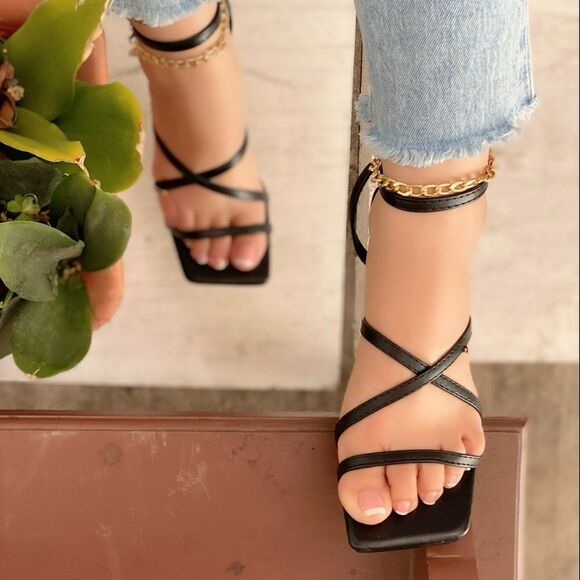 Black Square Toe Ankle Bracelet Heel - Picture 2 of 4